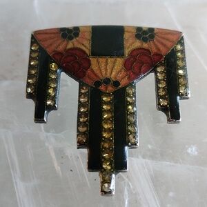 ART DECO OLD PIN GIRL W/EARRINGS & NECKLACE ENAMEL RHINESTONES